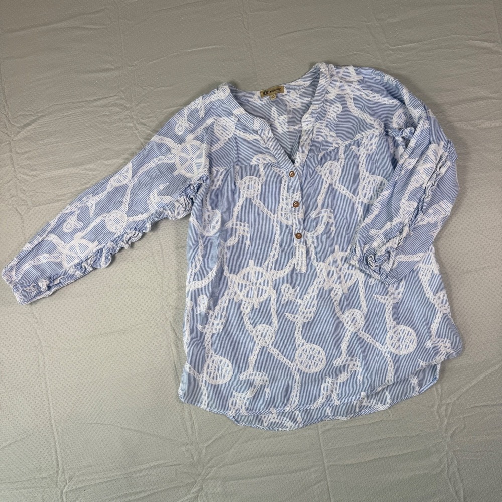 Democracy Womens Small Blue Stripe Nautical Anchor Lace Top Blouse 3/4 Sleeve